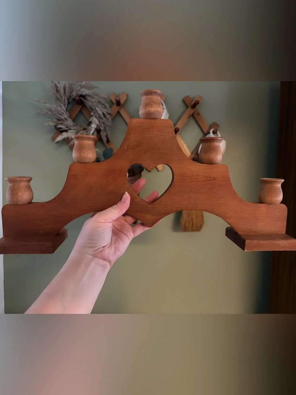Wooden Heart Candle Holder Wall Decor - Natural Brown